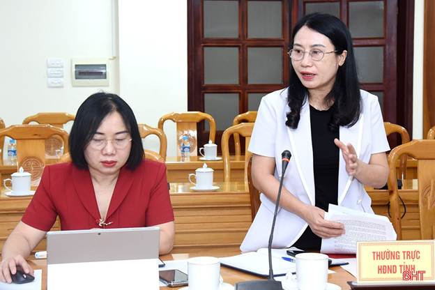 Trưởng ban Pháp chế (HĐND tỉnh) Nguyễn Thị Nhuần góp ý các nội dung tại cuộc họp.